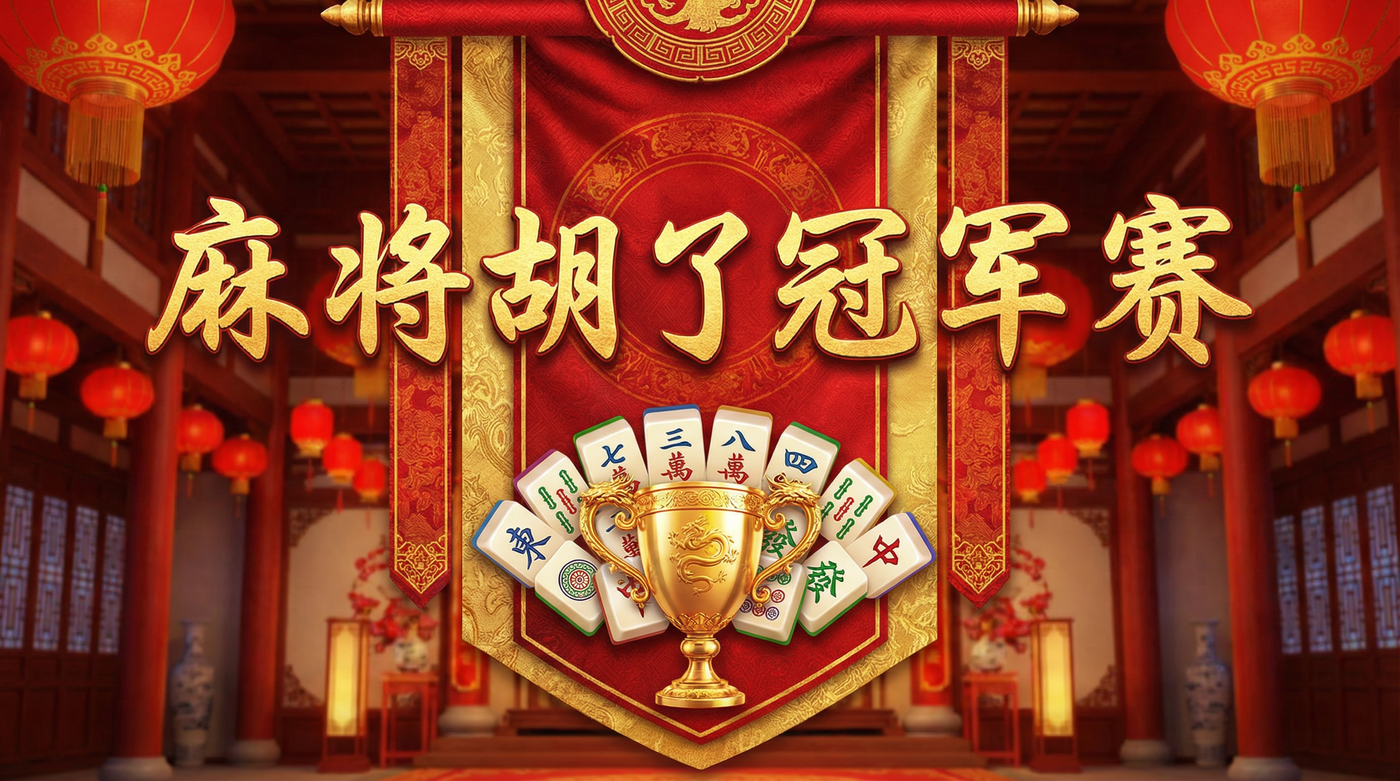 麻将胡了冠军赛海报展示金色奖杯和麻将牌